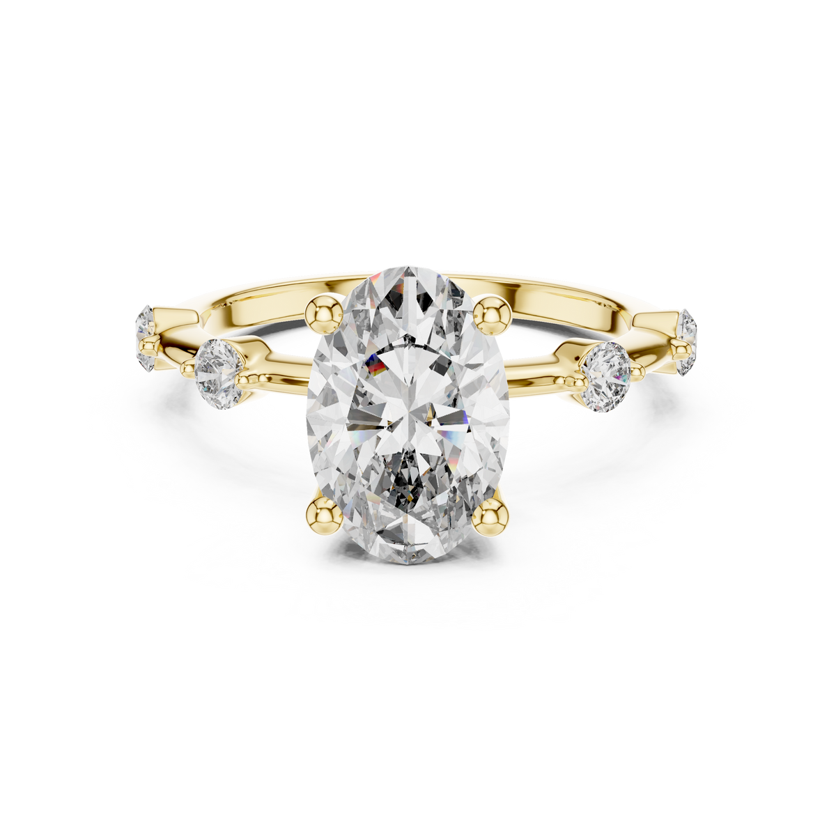 Front direct view of 2.00ct elongated oval lab diamond held by four prongs with round shoulder accents on a 14k gold dainty band. Ideal modern engagement ring and personalized gift. Made to order in 925 silver, 10k or 14k solid gold, platinum, with custom 1ct to 2ct lab diamond or moissanite center stones.