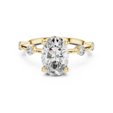 Front direct view of 2.00ct elongated oval lab diamond held by four prongs with round shoulder accents on a 14k gold dainty band. Ideal modern engagement ring and personalized gift. Made to order in 925 silver, 10k or 14k solid gold, platinum, with custom 1ct to 2ct lab diamond or moissanite center stones.
