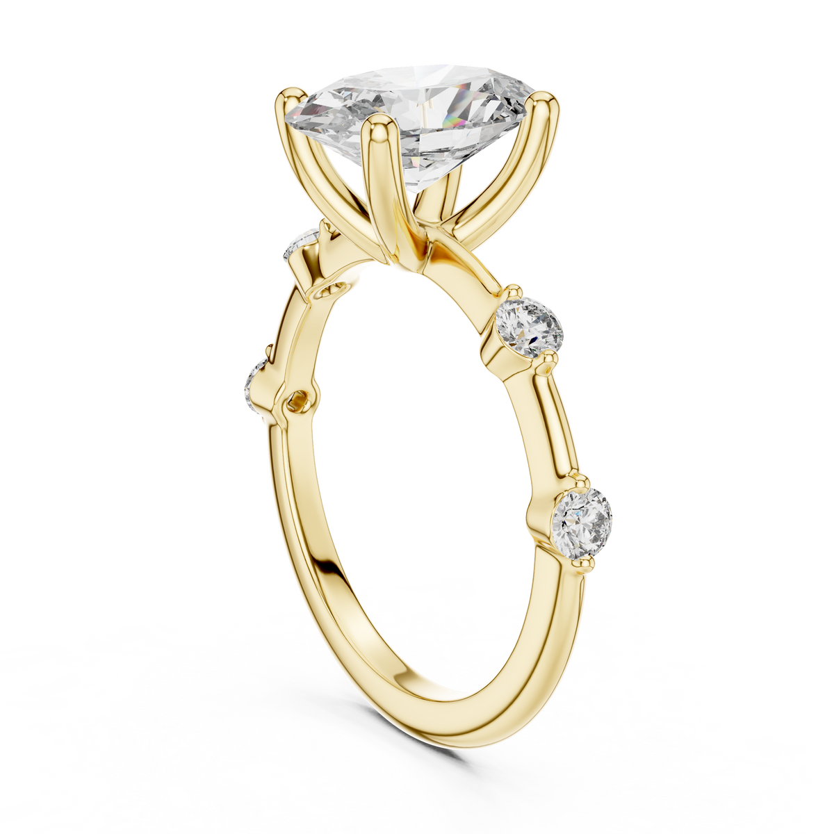 Perspective three-quarter view showing D color VVS1 clarity oval moissanite with side stone accents delivering fiery sparkle in 925 sterling silver. Timeless dainty engagement band and statement jewelry. Offered in 1.0ct-2.0ct moissanite or lab diamond across solid 10k/14k gold and platinum.