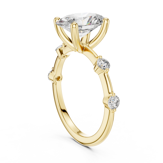 Perspective three-quarter view showing D color VVS1 clarity oval moissanite with side stone accents delivering fiery sparkle in 925 sterling silver. Timeless dainty engagement band and statement jewelry. Offered in 1.0ct-2.0ct moissanite or lab diamond across solid 10k/14k gold and platinum.