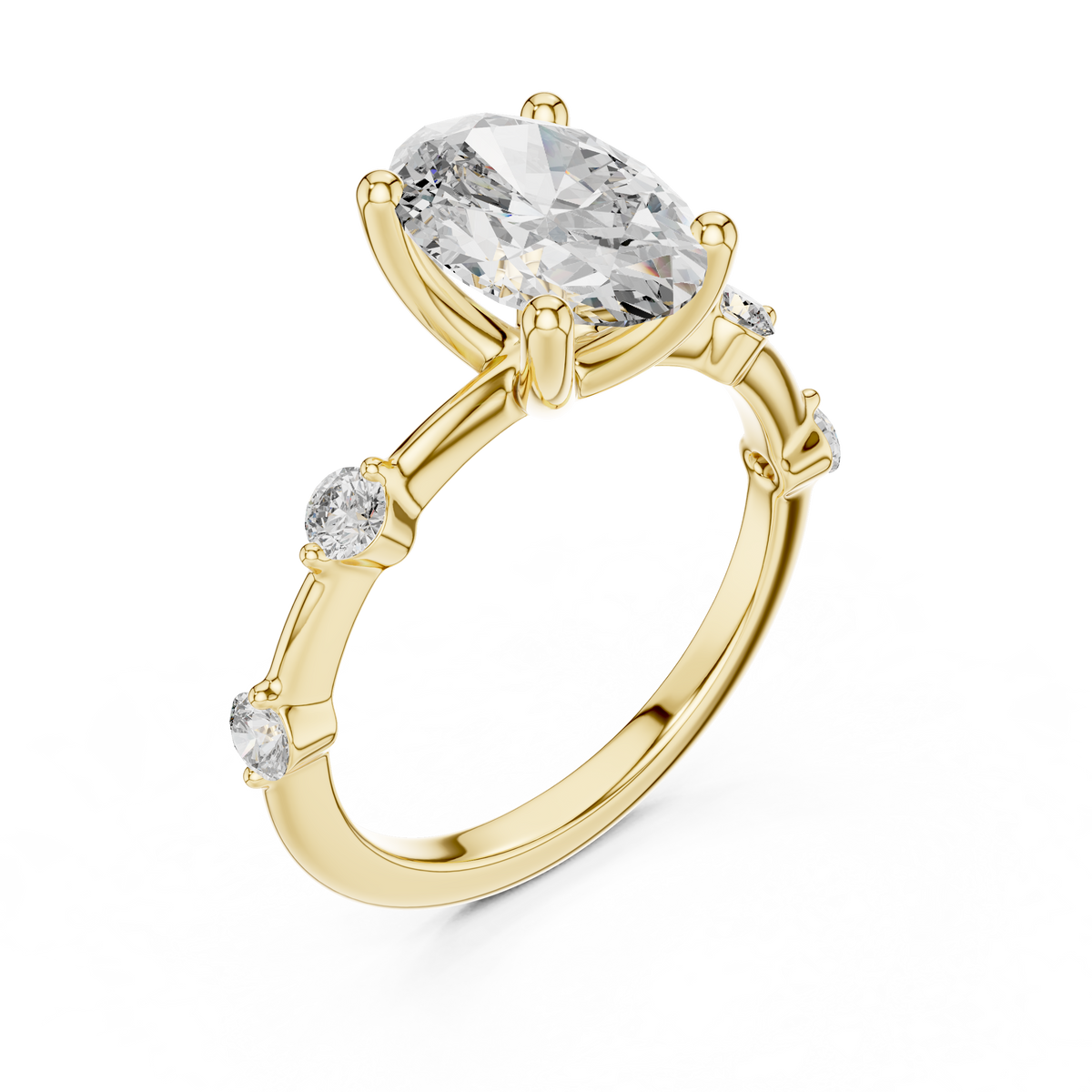 Macro close-up capturing symmetrical elongated oval facets, four claw prongs, and F color VS clarity lab diamond set in solid platinum. An exquisite bespoke heirloom and wedding ring. Fully customized in 1ct to 2ct moissanite or lab grown diamond across solid 10k/14k gold, silver, and platinum.