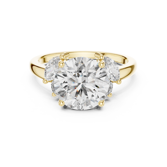 marquise side accents in double prongs on a 14k gold band. Elegant 5-stone engagement ring design. Customizable in 925 silver, 10k or 14k solid gold, and platinum with stone sizes from 1ct to 2ct in moissanite or lab grown diamond options.