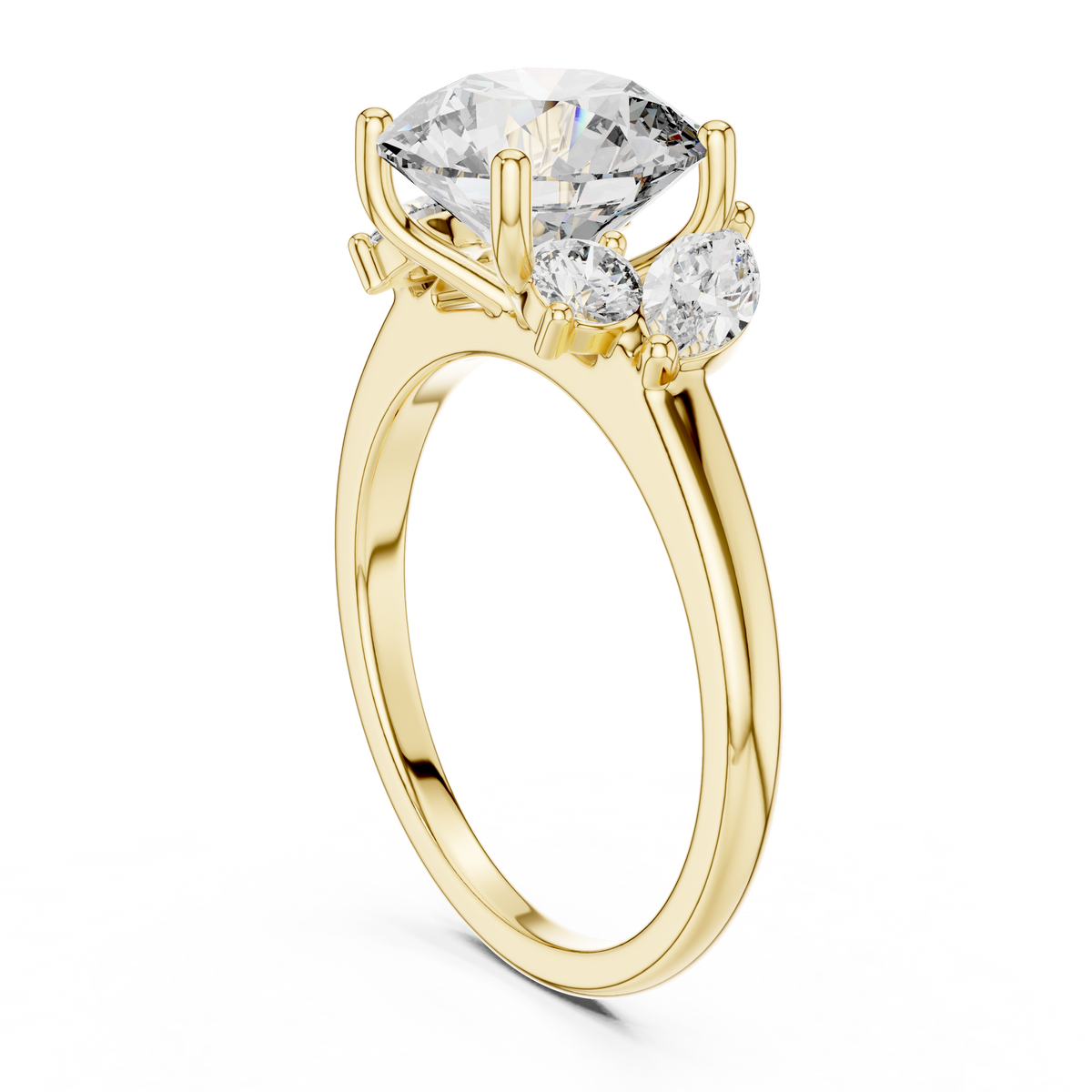 Side profile CAD view detailing the delicate 1.61mm band width and elevated double claw setting height in 10k solid gold. High-set solitaire cluster ring. Available in 10k or 14k gold, 925 sterling silver, and platinum with moissanite or lab grown diamond center options from 1ct to 2ct.