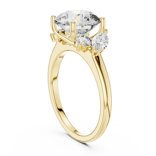 Side profile CAD view detailing the delicate 1.61mm band width and elevated double claw setting height in 10k solid gold. High-set solitaire cluster ring. Available in 10k or 14k gold, 925 sterling silver, and platinum with moissanite or lab grown diamond center options from 1ct to 2ct.