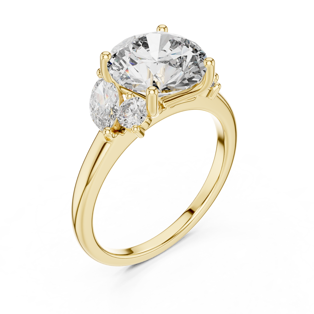 Angled perspective capturing intense fire and brilliance of D color VVS1 round moissanite with marquise side stones set in 925 sterling silver. Cluster engagement ring. Personalized in 925 silver, 10k/14k solid gold, or platinum with 1ct, 1.5ct, or 2ct moissanite and lab grown diamonds.