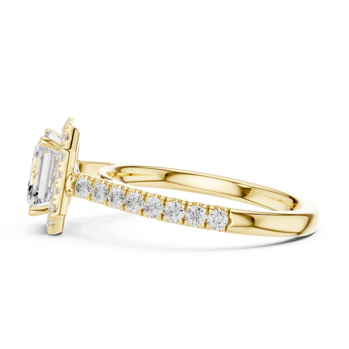 Side profile showing a 2.10mm wide half-pave band and elevated halo basket setting in 10k solid gold. Designed as a comfortable wedding band or promise ring, this custom design can be made in 10k/14k gold, sterling silver, or platinum with 1ct, 1.5ct, or 2ct moissanite or lab diamond.