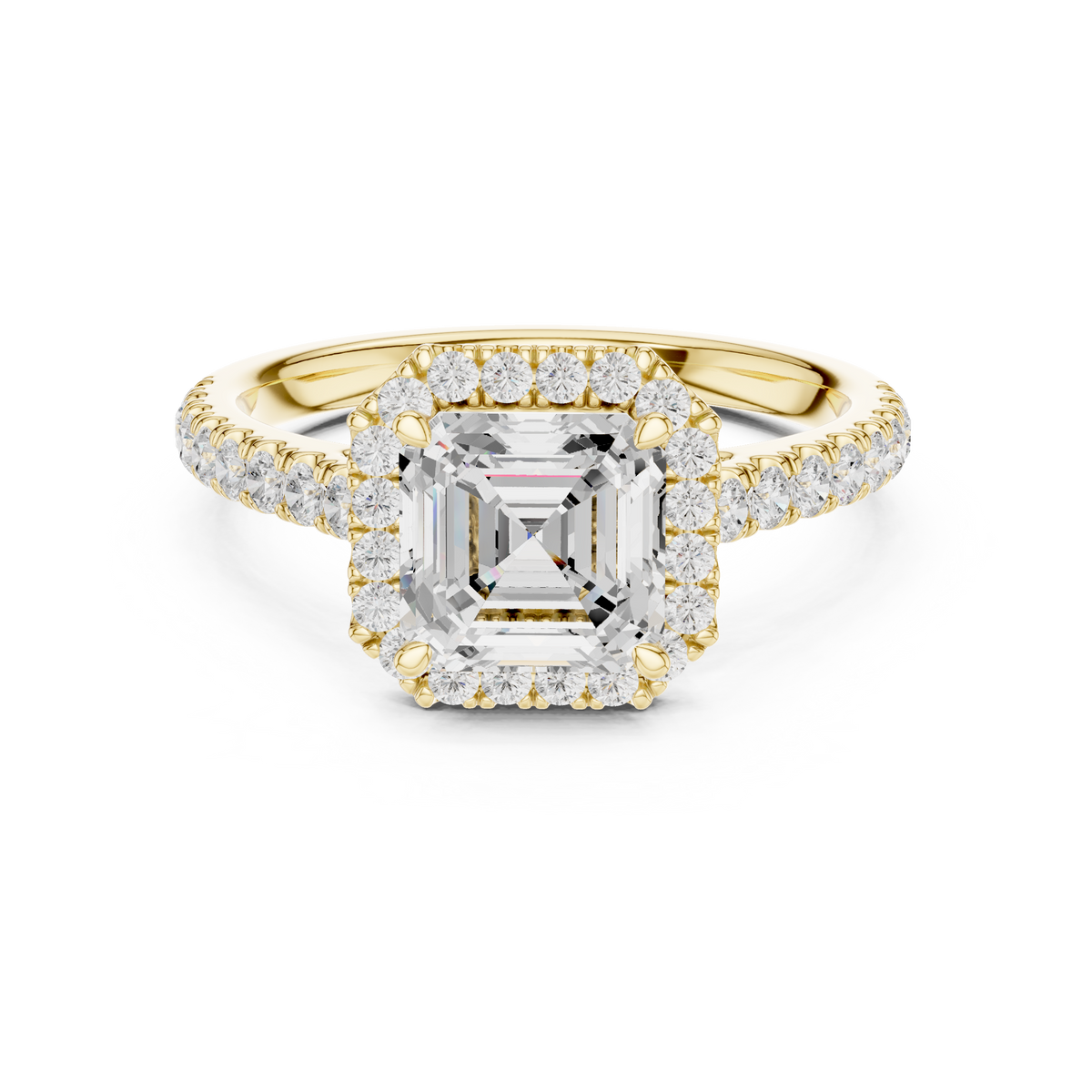 Front view of an asscher cut lab grown diamond square halo engagement ring in 14k white gold. This vintage art deco ring design is customizable in 10k/14k gold, 925 silver, or platinum with lab grown diamond or moissanite stones from 1ct to 2ct equivalent.