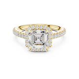 Front view of an asscher cut lab grown diamond square halo engagement ring in 14k white gold. This vintage art deco ring design is customizable in 10k/14k gold, 925 silver, or platinum with lab grown diamond or moissanite stones from 1ct to 2ct equivalent.