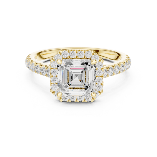 Front view of an asscher cut lab grown diamond square halo engagement ring in 14k white gold. This vintage art deco ring design is customizable in 10k/14k gold, 925 silver, or platinum with lab grown diamond or moissanite stones from 1ct to 2ct equivalent.