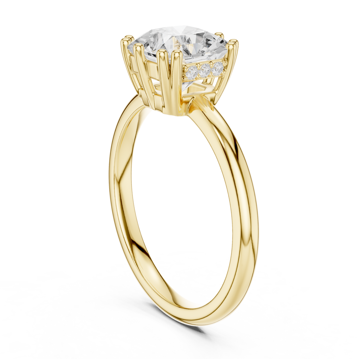 Side elevation shows 2.00mm band width, 1.80mm thickness, and 7.28mm setting height with hidden accent diamonds in 10k solid gold. Perfect custom bridal ring and promise band. Available in 10k/14k gold, silver, and platinum with 1ct to 2ct square radiant moissanite or lab grown diamond options.