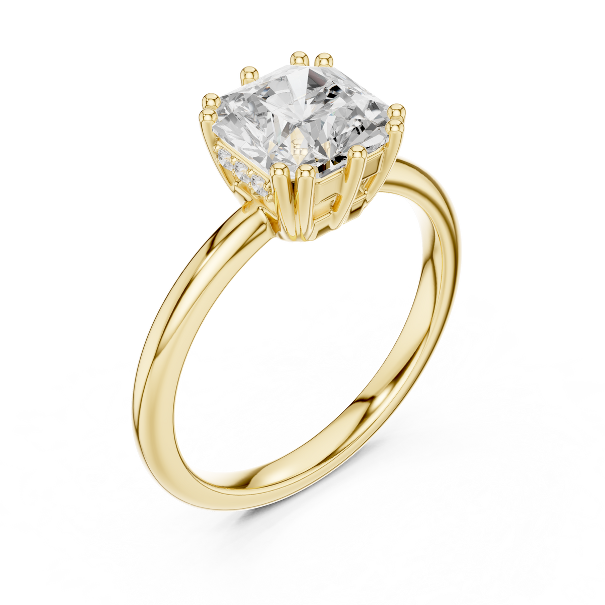 Perspective three-quarter view showing D color VVS1 clarity square radiant moissanite offering crushed-ice fire in 925 sterling silver. Timeless solitaire engagement band and statement jewelry. Offered in 1.0ct-2.0ct moissanite or lab diamond settings across solid 10k/14k gold and platinum.