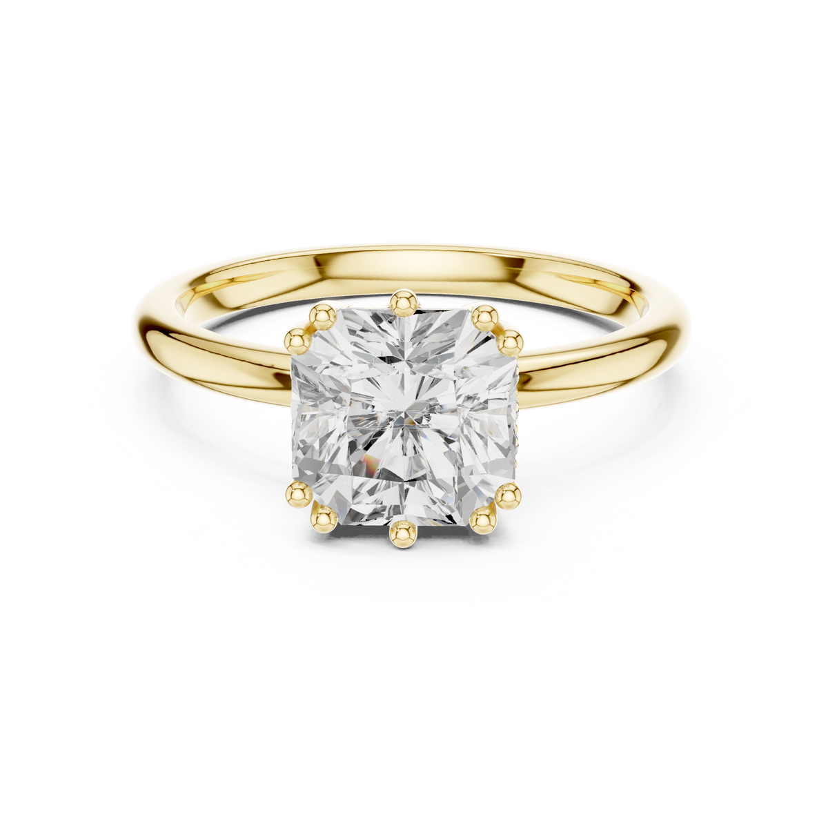 Front direct view of 2.00ct square radiant cut lab grown diamond secured by four corner prongs on a 14k yellow gold plain band. Ideal luxury engagement ring and personalized gift. Made to order in 925 silver, 10k or 14k solid gold, platinum, with custom 1ct to 2ct square radiant lab diamond or moissanite center stones.