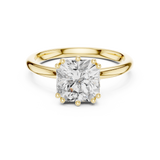 Front direct view of 2.00ct square radiant cut lab grown diamond secured by four corner prongs on a 14k yellow gold plain band. Ideal luxury engagement ring and personalized gift. Made to order in 925 silver, 10k or 14k solid gold, platinum, with custom 1ct to 2ct square radiant lab diamond or moissanite center stones.
