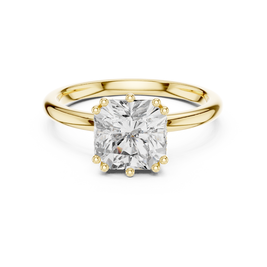 Front direct view of 2.00ct square radiant cut lab grown diamond secured by four corner prongs on a 14k yellow gold plain band. Ideal luxury engagement ring and personalized gift. Made to order in 925 silver, 10k or 14k solid gold, platinum, with custom 1ct to 2ct square radiant lab diamond or moissanite center stones.