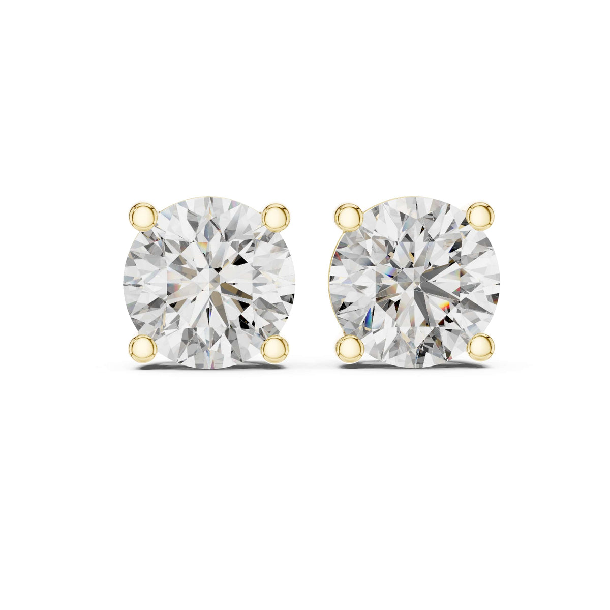 Direct front angle showing two 8mm round brilliant cut gems in 4-prong basket settings. Ideal engagement ring style or anniversary gift studs in 14k gold, 10k gold, 925 silver, or platinum. Customizable stone size 1ct to 2ct each with moissanite or lab grown diamond options.