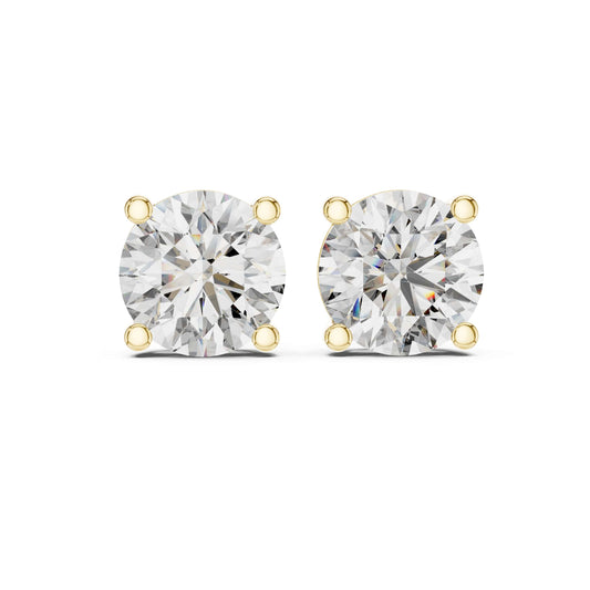 Direct front angle showing two 8mm round brilliant cut gems in 4-prong basket settings. Ideal engagement ring style or anniversary gift studs in 14k gold, 10k gold, 925 silver, or platinum. Customizable stone size 1ct to 2ct each with moissanite or lab grown diamond options.