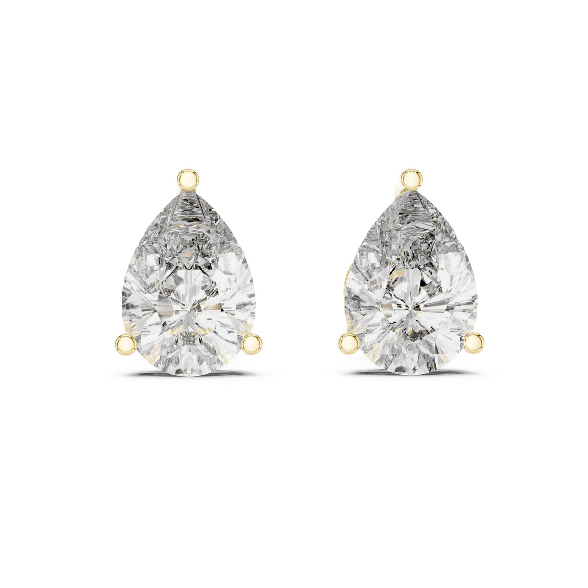 Frontal shot showcasing two 10x7mm pear cut teardrop gemstones in 3-prong low basket settings. Ideal engagement ring pairing or anniversary gift studs in 14k gold, 10k gold, 925 silver, or platinum. Custom sizing from 1ct to 2ct each with moissanite or lab grown diamond options.