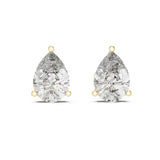 Frontal shot showcasing two 10x7mm pear cut teardrop gemstones in 3-prong low basket settings. Ideal engagement ring pairing or anniversary gift studs in 14k gold, 10k gold, 925 silver, or platinum. Custom sizing from 1ct to 2ct each with moissanite or lab grown diamond options.