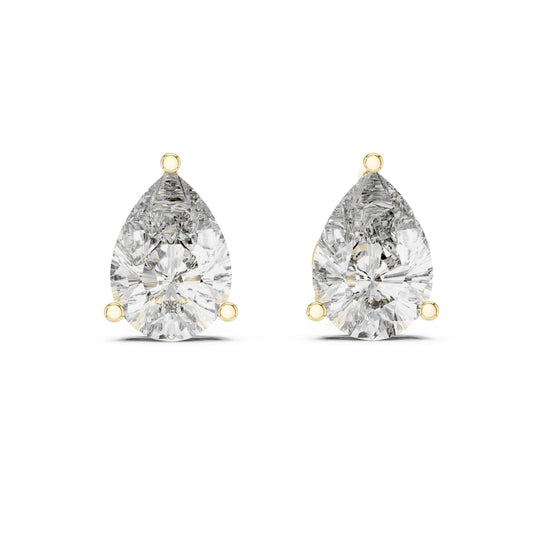 Frontal shot showcasing two 10x7mm pear cut teardrop gemstones in 3-prong low basket settings. Ideal engagement ring pairing or anniversary gift studs in 14k gold, 10k gold, 925 silver, or platinum. Custom sizing from 1ct to 2ct each with moissanite or lab grown diamond options.