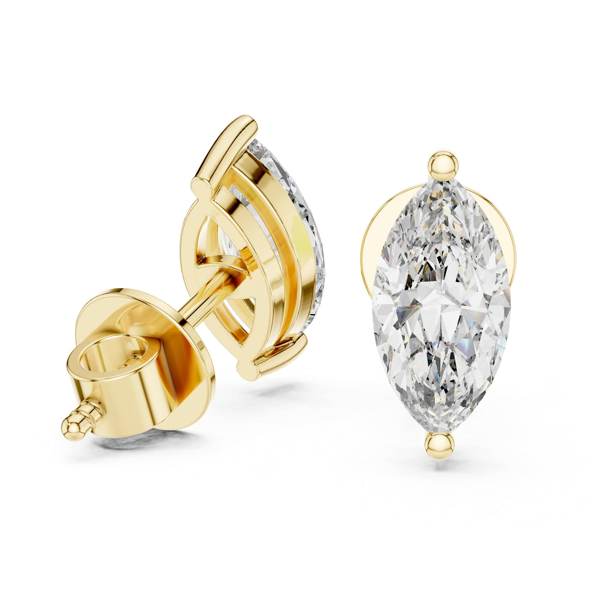 Three-quarter view highlighting brilliant elongated facet sparkle with D-E color and VVS clarity. Elegant anniversary gift or bridal jewelry in 925 sterling silver, 10k gold, 14k gold, or platinum. Select 1ct, 1.5ct, or 2ct moissanite or lab grown diamond.