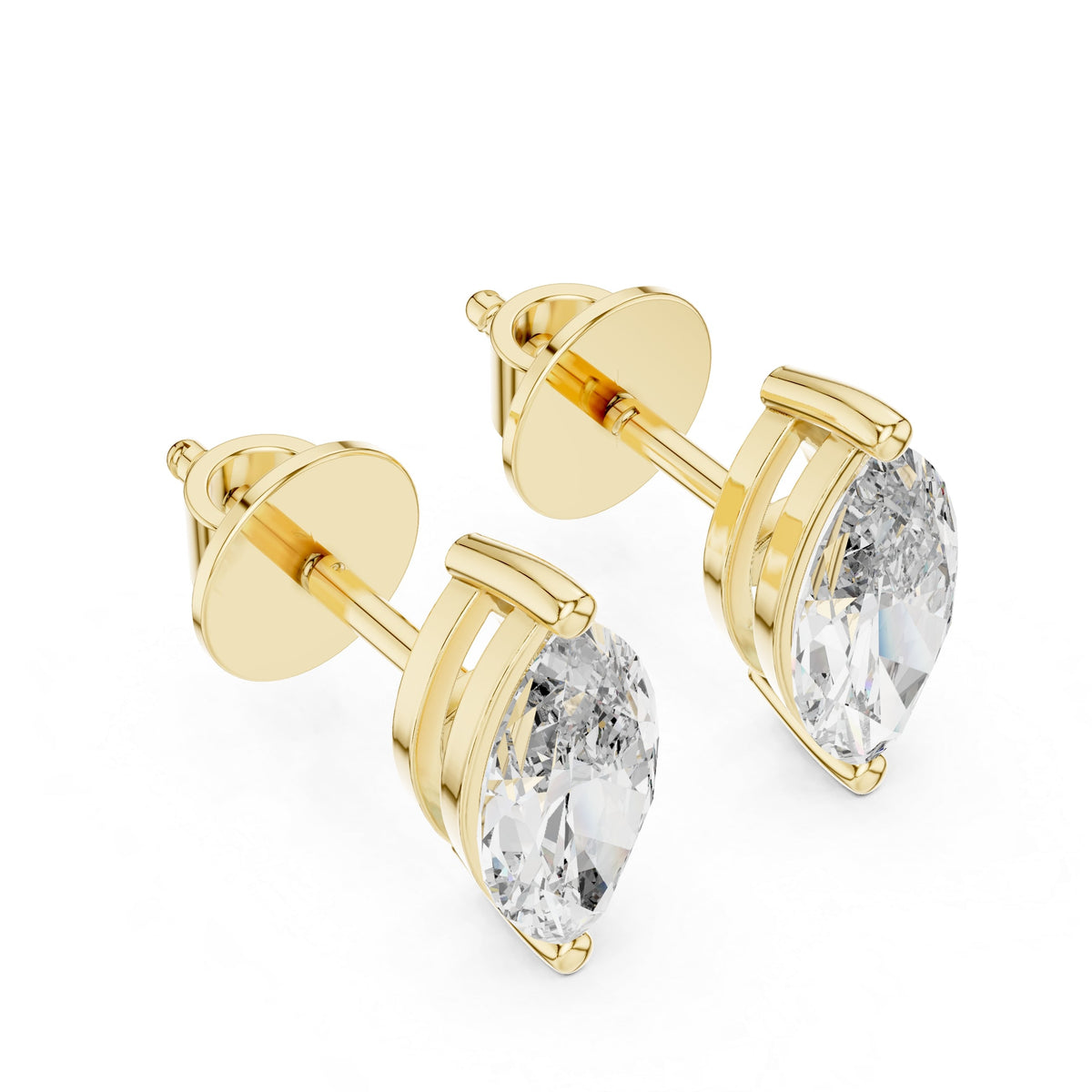 Extreme close-up displaying precise navette symmetry, brilliant stone facets, and secure tip prongs. Statement ring or stud design in platinum, 14k gold, 10k gold, or 925 silver. Personalized with 1ct to 2ct moissanite or lab grown diamond.