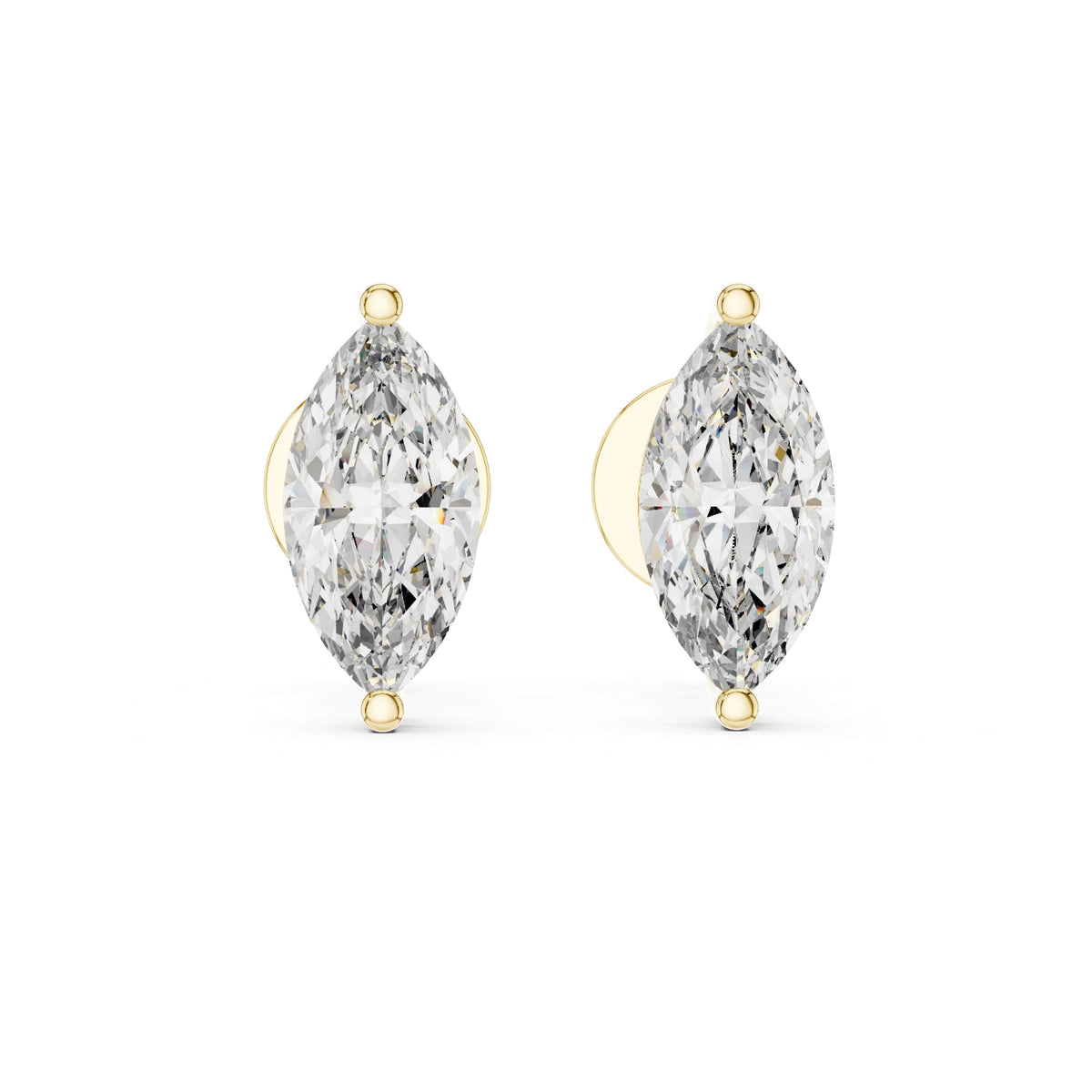Front view showcasing two 9x4.5mm marquise cut gems in sleek V-prong basket settings. Ideal engagement ring pairing or anniversary gift studs in 14k gold, 10k gold, 925 silver, or platinum. Custom stone sizes from 1ct to 2ct with moissanite or lab grown diamond options.