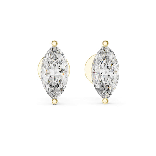Front view showcasing two 9x4.5mm marquise cut gems in sleek V-prong basket settings. Ideal engagement ring pairing or anniversary gift studs in 14k gold, 10k gold, 925 silver, or platinum. Custom stone sizes from 1ct to 2ct with moissanite or lab grown diamond options.