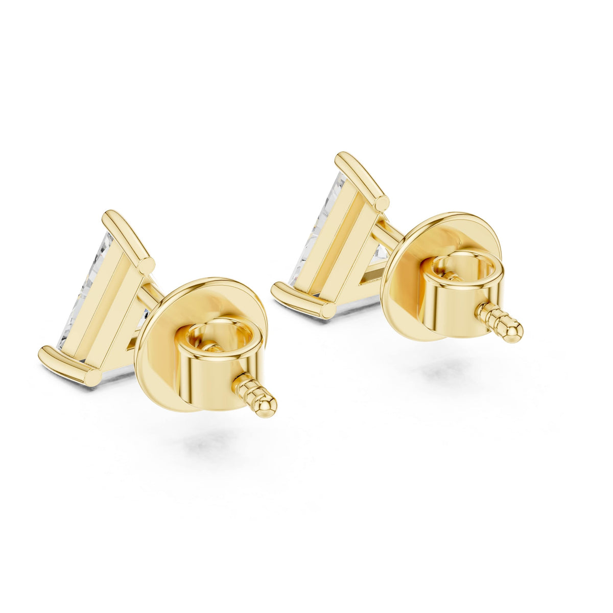 Three-quarter perspective highlighting triangular facet fire with D-E color and VVS clarity. Modern anniversary gift or bridal jewelry in 925 sterling silver, 10k gold, 14k gold, or platinum. Choose 0.5ct, 1ct, or 1.5ct moissanite or lab diamond.