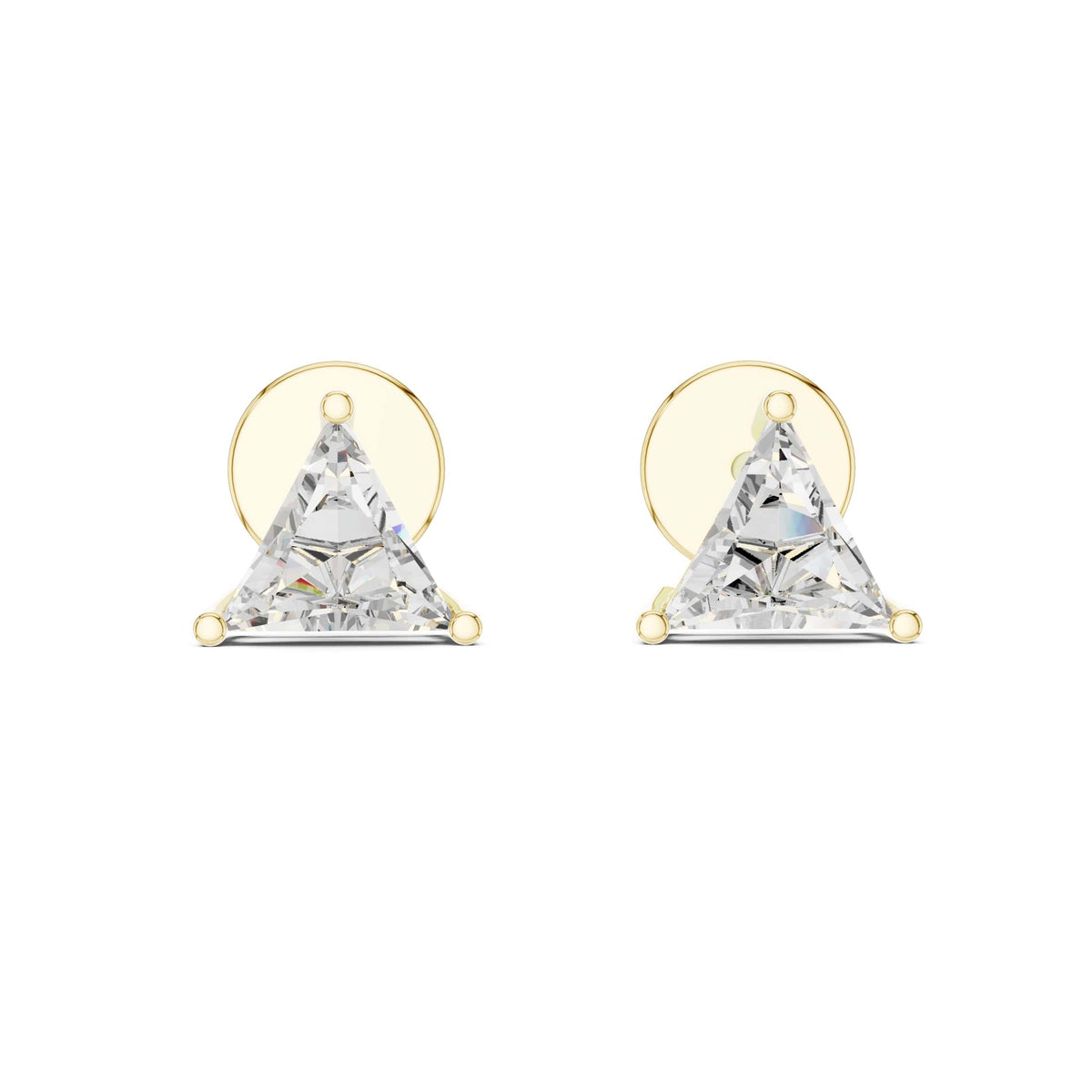 Direct front view displaying two 6mm triangular trillion cut gems in 3-prong basket settings. Ideal modern statement studs or anniversary gifts in 14k gold, 10k gold, 925 silver, or platinum. Customizable stone sizes from 0.5ct to 1.5ct with moissanite or lab grown diamond