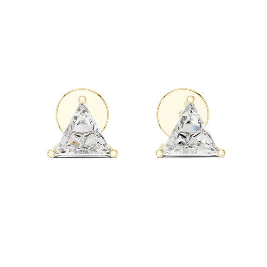 Direct front view displaying two 6mm triangular trillion cut gems in 3-prong basket settings. Ideal modern statement studs or anniversary gifts in 14k gold, 10k gold, 925 silver, or platinum. Customizable stone sizes from 0.5ct to 1.5ct with moissanite or lab grown diamond