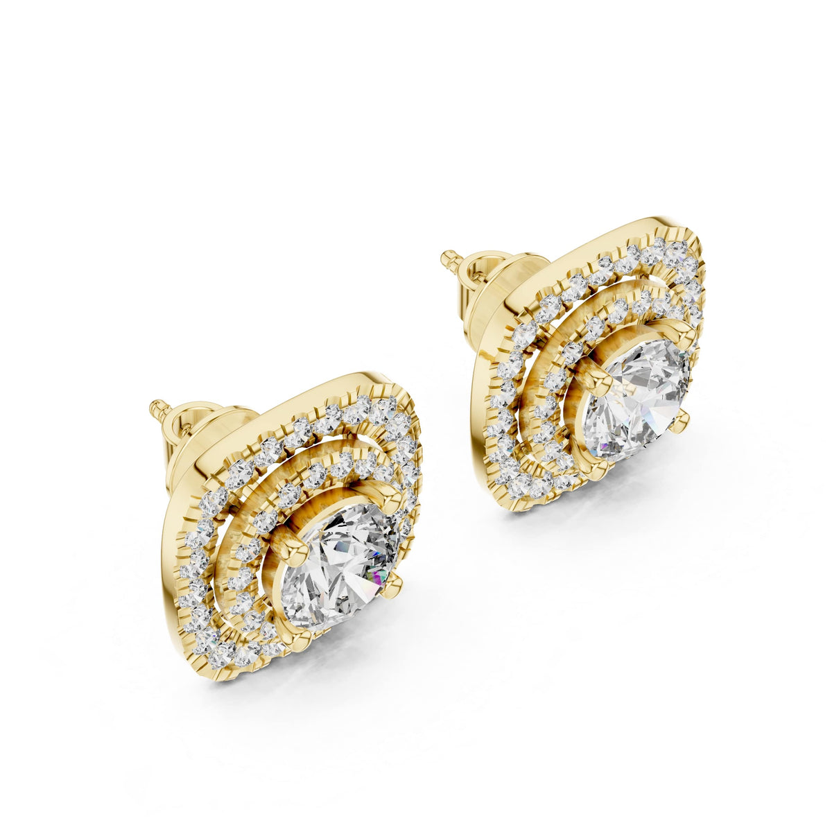 Side view detailing double tier 5.73mm basket profile height with secure post back. Complements any wedding band set in 10k solid gold, 14k gold, 925 silver, or platinum. Custom made with 1.0ct to 2.0ct moissanite or lab grown diamond options.