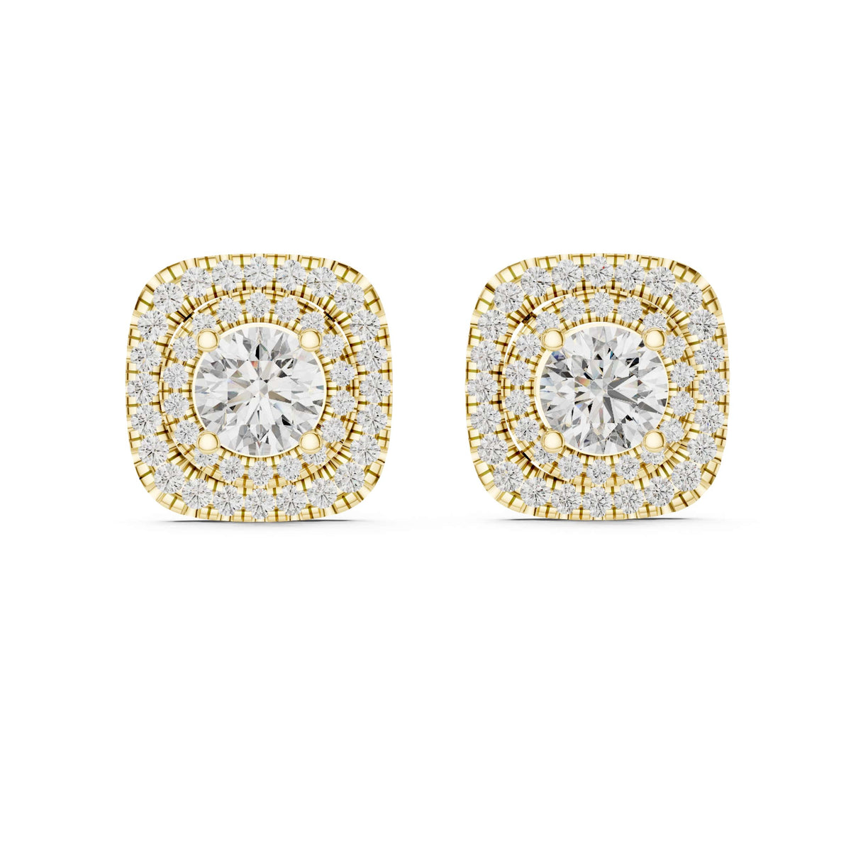 Direct front view showing 7mm center round gems framed by two U-cut pave cushion halos. Perfect engagement ring pairing or anniversary gift studs in 14k gold, 10k gold, 925 silver, or platinum. Customizable 1ct to 2ct stone options with moissanite or lab grown diamond.