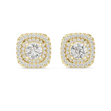 Direct front view showing 7mm center round gems framed by two U-cut pave cushion halos. Perfect engagement ring pairing or anniversary gift studs in 14k gold, 10k gold, 925 silver, or platinum. Customizable 1ct to 2ct stone options with moissanite or lab grown diamond.