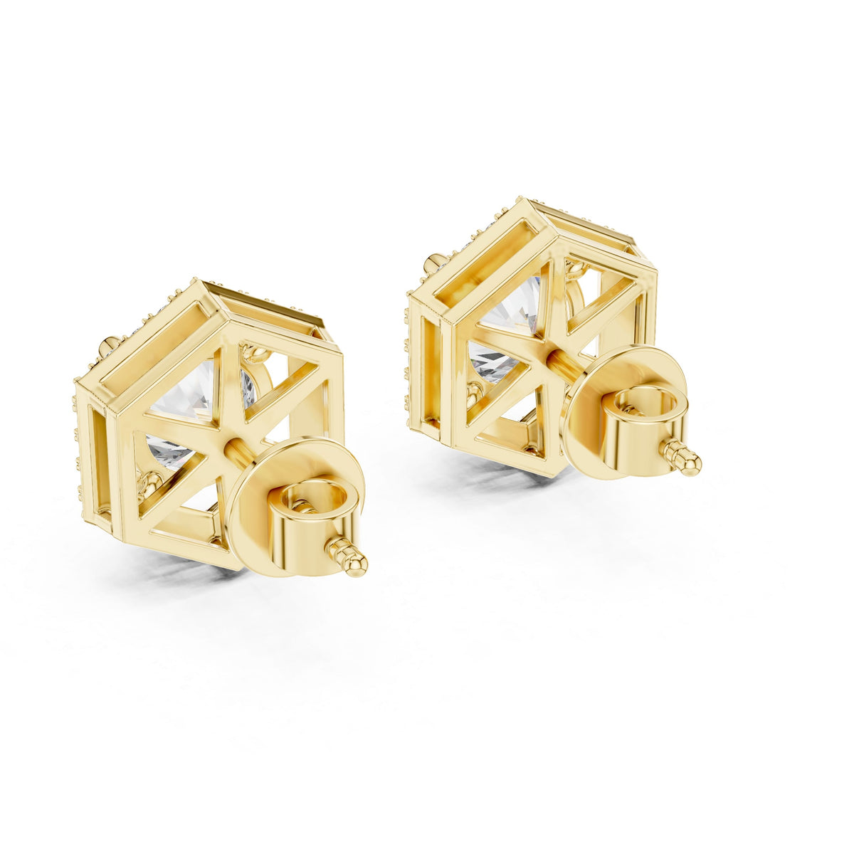 Three-quarter perspective highlighting geometric facet fire across 50 D-E color VVS halo stones. Modern anniversary gift or bridal jewelry in 925 sterling silver, 10k gold, 14k gold, or platinum. Choose 1ct, 1.5ct, or 2ct moissanite or lab diamond.