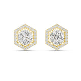 Direct front view displaying 7mm center round gems framed within sharp geometric hexagonal halos. Ideal statement studs or anniversary gifts in 14k gold, 10k gold, 925 silver, or platinum. Customizable stone options from 1ct to 2ct with moissanite or lab grown diamond.