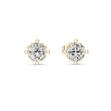 Direct front view displaying two 5mm cushion cut gems in secure 4-prong collet settings. Ideal everyday studs or anniversary gifts in 14k gold, 10k gold, 925 silver, or platinum. Customizable with moissanite or lab grown diamond options.