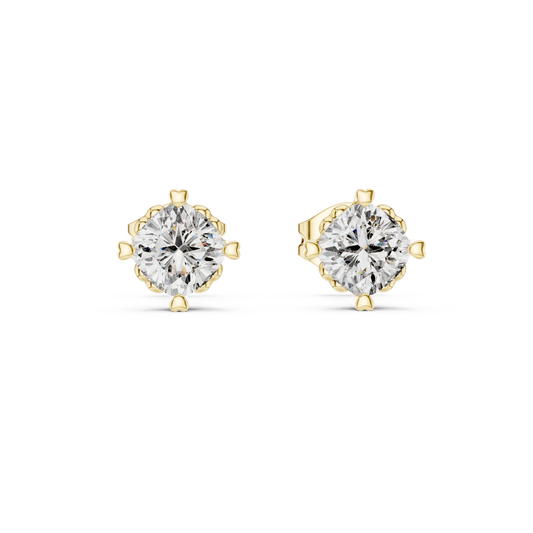 Direct front view displaying two 5mm cushion cut gems in secure 4-prong collet settings. Ideal everyday studs or anniversary gifts in 14k gold, 10k gold, 925 silver, or platinum. Customizable with moissanite or lab grown diamond options.