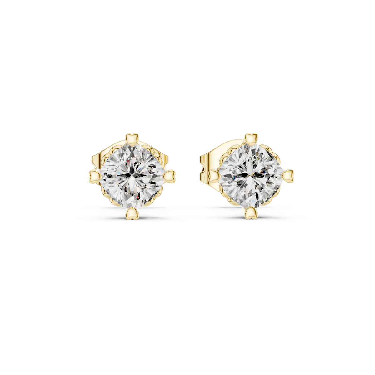 Direct front view displaying two 4.5mm cushion square cut gems in secure prong basket settings. Ideal everyday studs or anniversary gifts in 14k gold, 10k gold, 925 silver, or platinum. Customizable with moissanite or lab grown diamond options.
