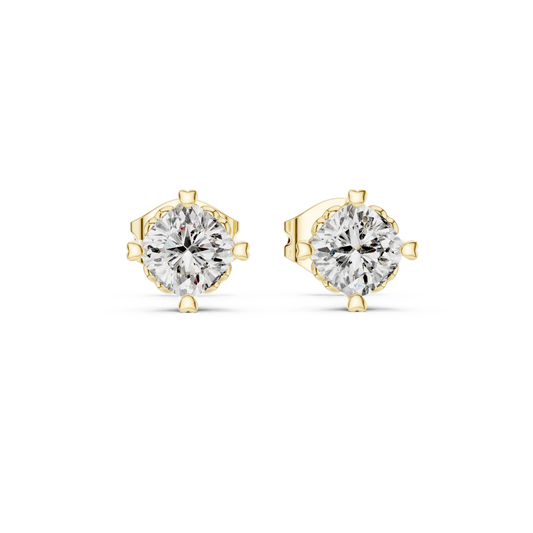 Direct front view displaying two 4.5mm cushion square cut gems in secure prong basket settings. Ideal everyday studs or anniversary gifts in 14k gold, 10k gold, 925 silver, or platinum. Customizable with moissanite or lab grown diamond options.