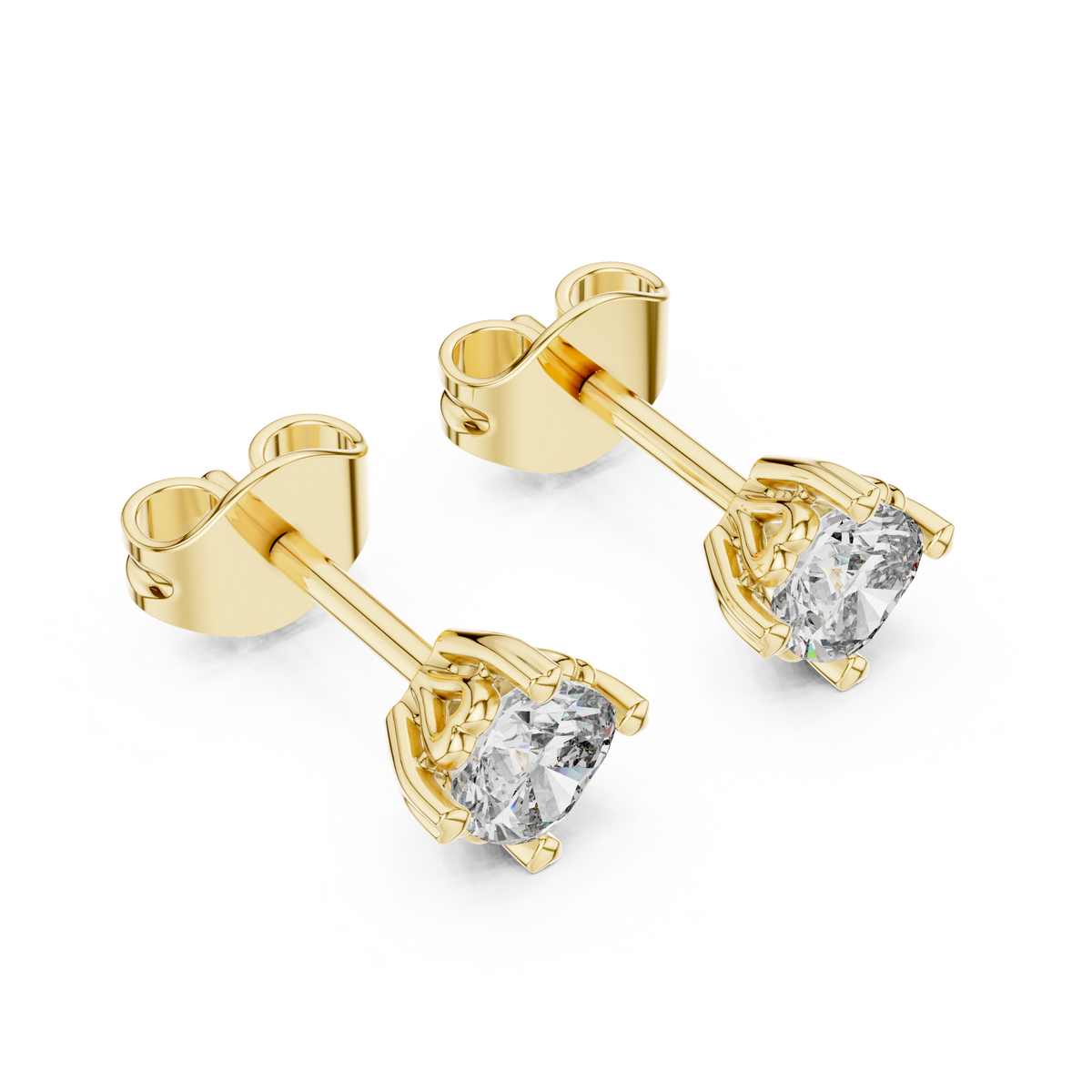 Front view of cushion square solitaire stud earrings showcasing a 4-prong collet basket setting. Features brilliant 4mm stones mounted in gleaming 14k gold. Ideal engagement ring match or bridal gift. Available in 10k/14k solid gold, 925 silver, platinum, from 1ct to 2ct in custom lab grown diamond or moissanite.