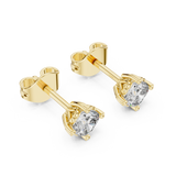 Front view of cushion square solitaire stud earrings showcasing a 4-prong collet basket setting. Features brilliant 4mm stones mounted in gleaming 14k gold. Ideal engagement ring match or bridal gift. Available in 10k/14k solid gold, 925 silver, platinum, from 1ct to 2ct in custom lab grown diamond or moissanite.