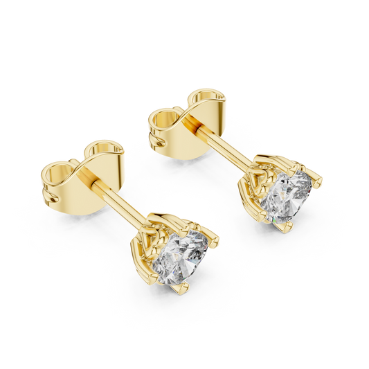 Front view of cushion square solitaire stud earrings showcasing a 4-prong collet basket setting. Features brilliant 4mm stones mounted in gleaming 14k gold. Ideal engagement ring match or bridal gift. Available in 10k/14k solid gold, 925 silver, platinum, from 1ct to 2ct in custom lab grown diamond or moissanite.