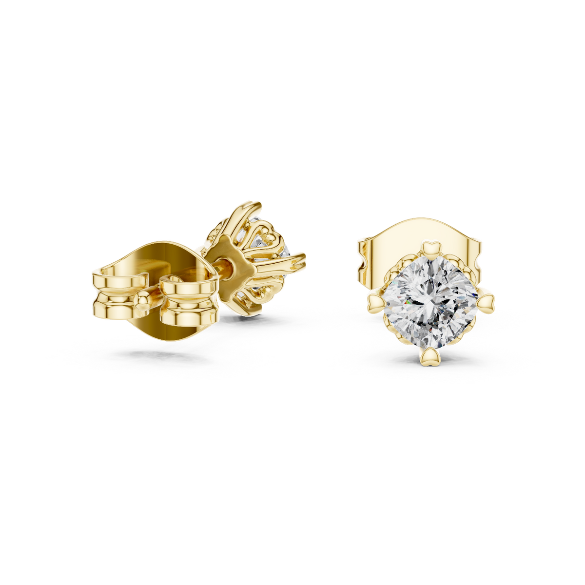 Side profile view highlighting the 3.95mm low-profile setting height and 14.80mm solid post with friction back. Cast in durable 10k solid gold with a 4-prong collet mount. A classic wedding band companion. Customizable in 925 silver, 10k/14k gold, and platinum with 1.00ct to 2.00ct lab diamond or moissanite center stones.