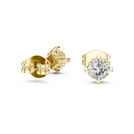 Side profile view highlighting the 3.95mm low-profile setting height and 14.80mm solid post with friction back. Cast in durable 10k solid gold with a 4-prong collet mount. A classic wedding band companion. Customizable in 925 silver, 10k/14k gold, and platinum with 1.00ct to 2.00ct lab diamond or moissanite center stones.