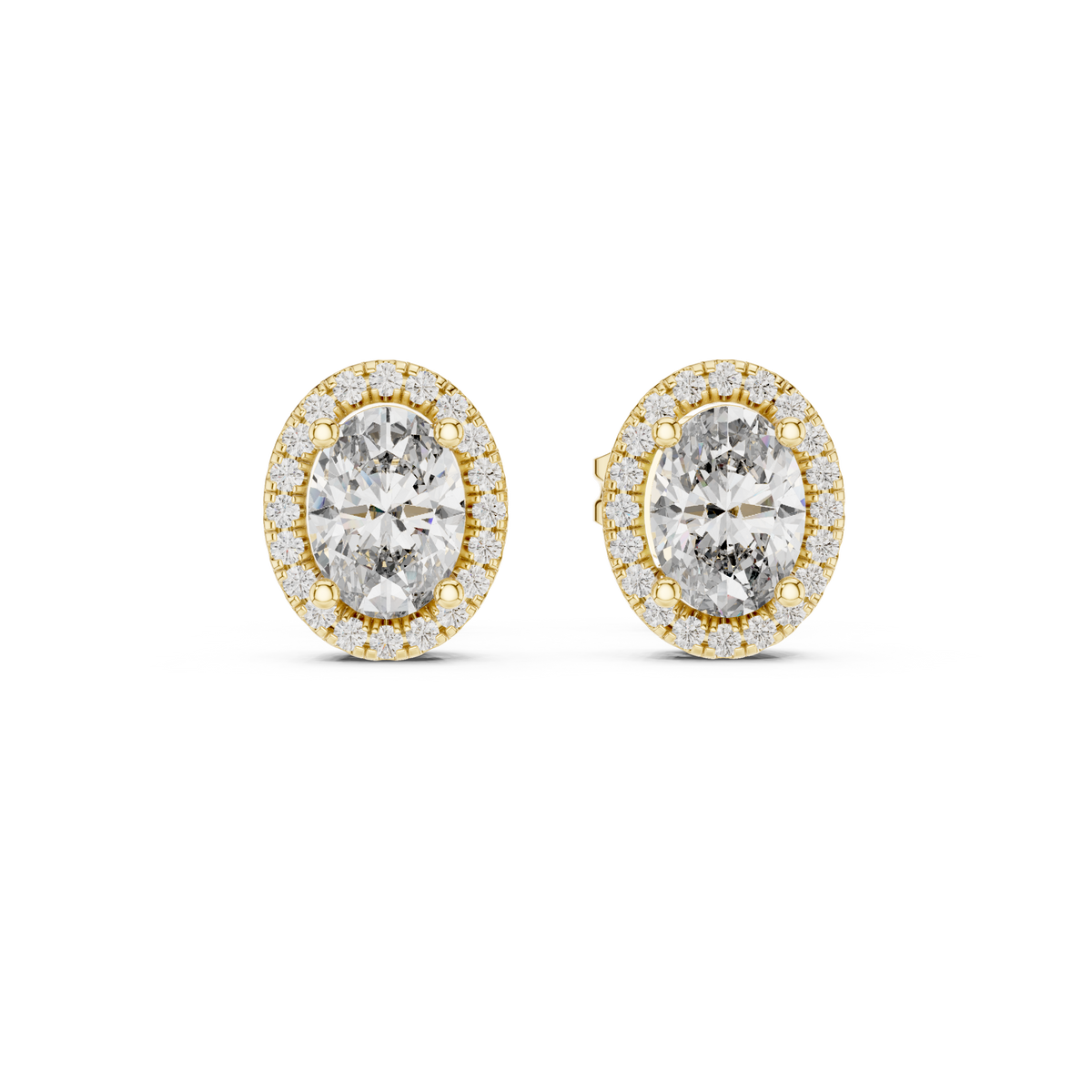 Direct front view displaying 6.1x4.5mm center oval gems framed by delicate U-cut pave halos. Ideal engagement ring pairing or anniversary gift studs in 14k gold, 10k gold, 925 silver, or platinum. Customizable stone options from 0.5ct to 1.5ct with moissanite or lab grown diamond.   