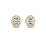Direct front view displaying 6.1x4.5mm center oval gems framed by delicate U-cut pave halos. Ideal engagement ring pairing or anniversary gift studs in 14k gold, 10k gold, 925 silver, or platinum. Customizable stone options from 0.5ct to 1.5ct with moissanite or lab grown diamond.   