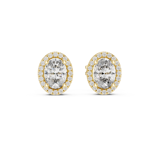 Direct front view displaying 6.1x4.5mm center oval gems framed by delicate U-cut pave halos. Ideal engagement ring pairing or anniversary gift studs in 14k gold, 10k gold, 925 silver, or platinum. Customizable stone options from 0.5ct to 1.5ct with moissanite or lab grown diamond.   