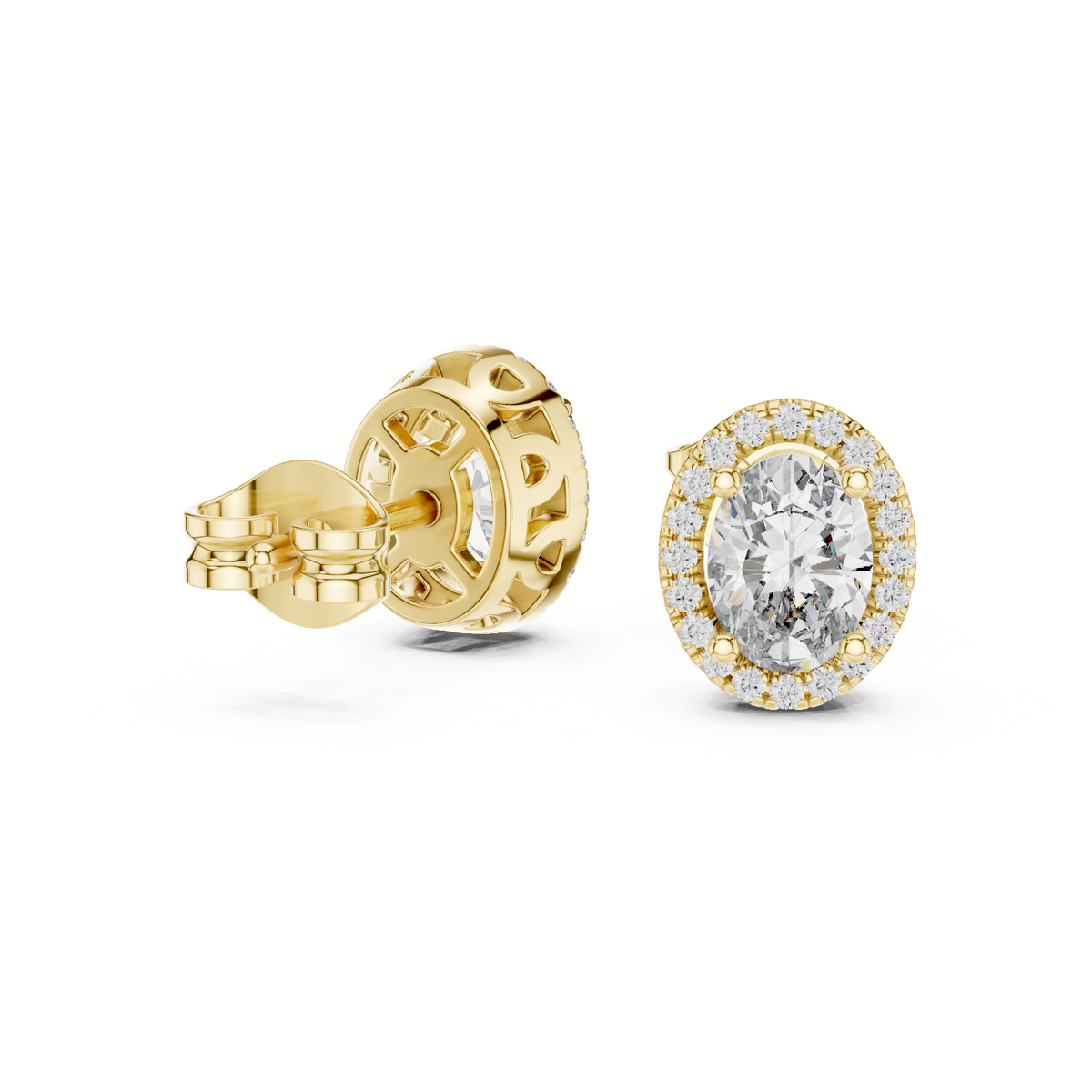 Extreme macro shot capturing precise oval curve symmetry, pave-set halo border, and center stone facets. Classic statement ring or stud design in platinum, 14k gold, 10k gold, or 925 silver. Custom options from 0.5ct to 1.5ct moissanite or lab diamond.