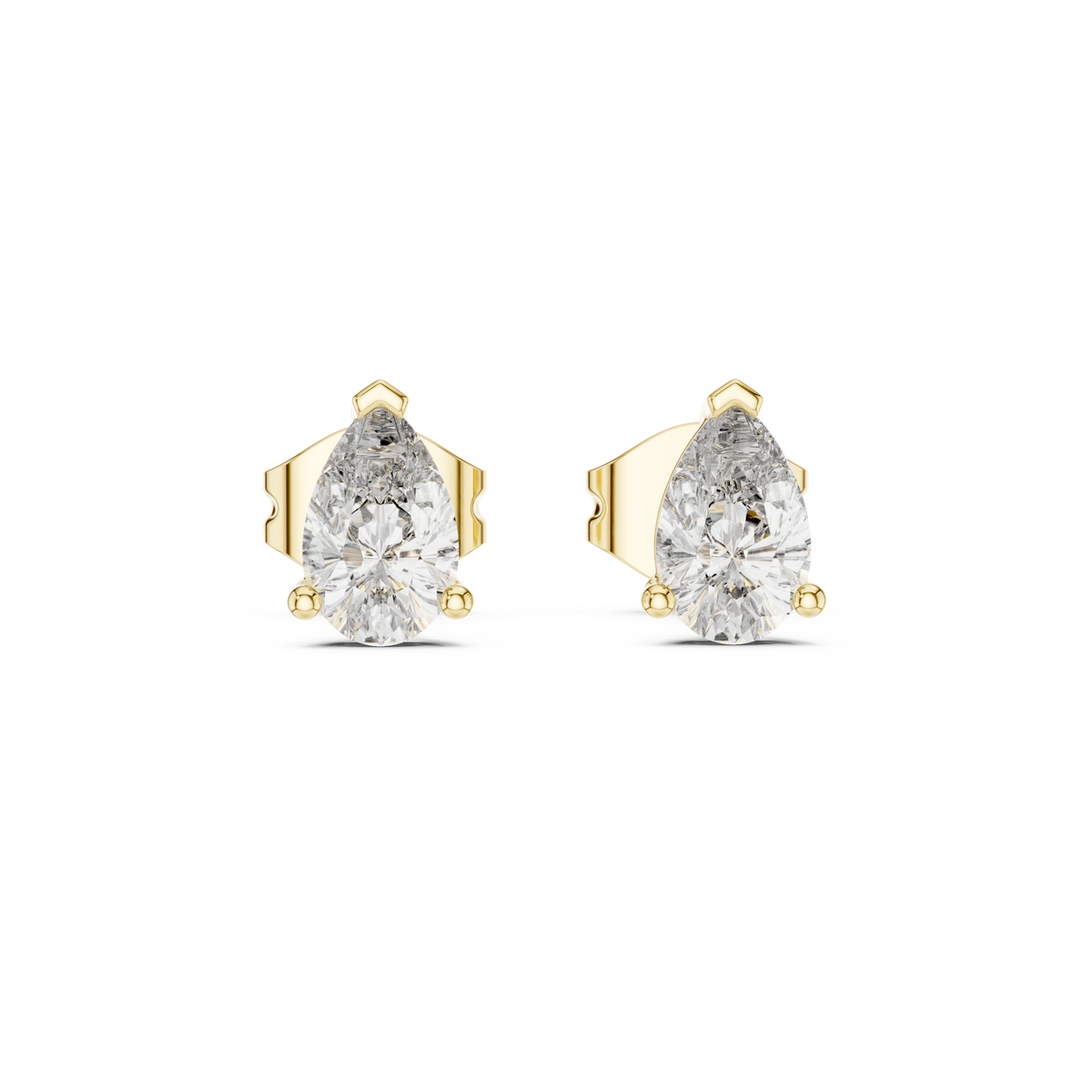 Direct front view displaying two 6x4mm pear cut gems in secure collet settings. Ideal everyday studs or anniversary gifts in 14k gold, 10k gold, 925 silver, or platinum. Customizable with moissanite or lab grown diamond options.