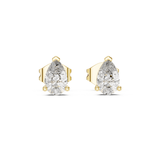 Direct front view displaying two 6x4mm pear cut gems in secure collet settings. Ideal everyday studs or anniversary gifts in 14k gold, 10k gold, 925 silver, or platinum. Customizable with moissanite or lab grown diamond options.
